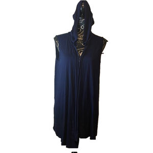 Strazzi Womens Navy Blue Hooded Open Front Sleeveless Longline Vest Cardigan M